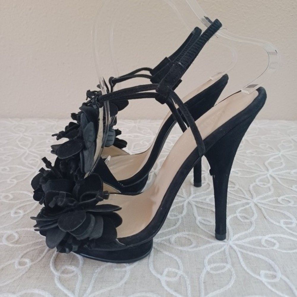 Colin Stuart Black Slingback Suede Flower Heels Sandals - Picture 9 of 16